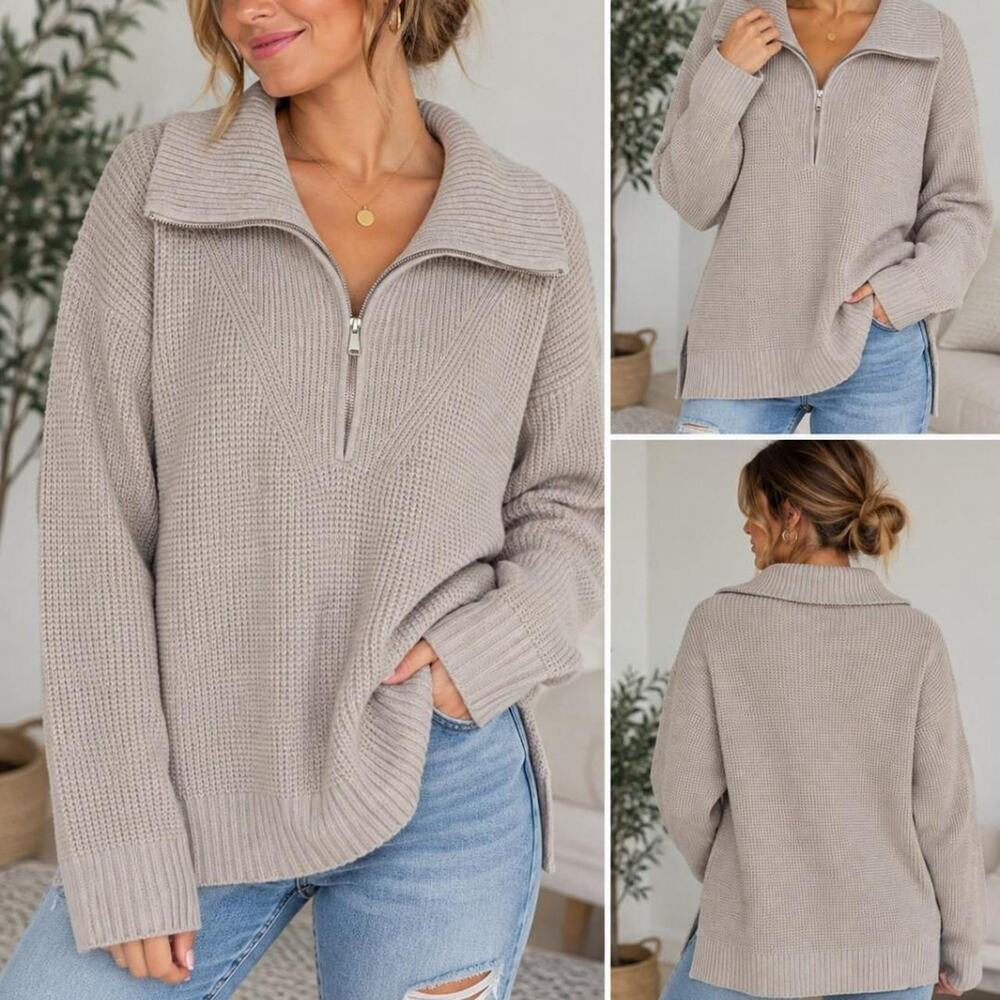 Aerie Taupe Quarter-Zip Oversized Sweater